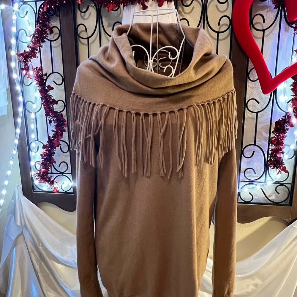 Michael Kors Tan Fringed Cowl Neck Sweater